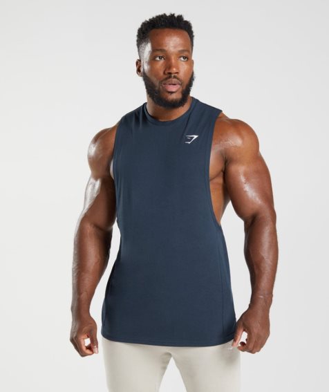 Men's Gymshark React Drop Arm Tanks Navy | CA 63701N